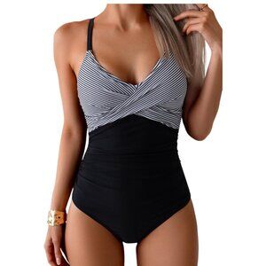 NWT-B2prity Womens L  One-Piece Swimsuit Tummy Control Front Cross Striped Black